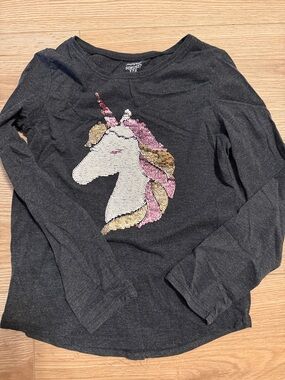 Girls' Charcoal Grey Sequin Unicorn Long-Sleeve Top